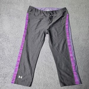 Under Armour Womens Medium Capri Leggings Gray Purple HeatGear Fitted Striped